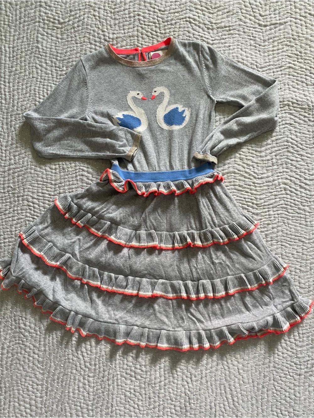 Mini Boden Girls’ Swan Print Tiered Dress Gray Long Sleeve Neon Trim